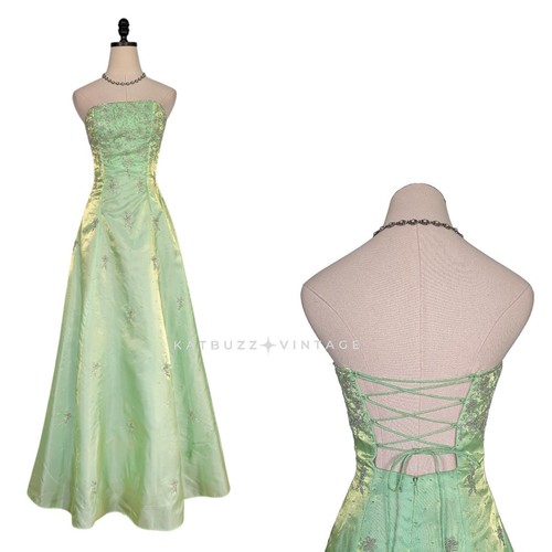 Maxi Vestido de Baile de graduación Cache Vintage XS Verde Hada Princesa Y2K Corsé Cuentas - Imagen 3 de 15