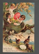 E420 Easter Antique Postcard PFB Children with Eggs in Nest Hens Rooster Chicken