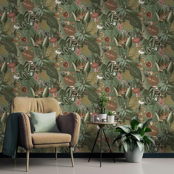 Exotische Wunderland Tapete Bunte Tropische Blumen Skurrile Tiere Salbei 13401-image