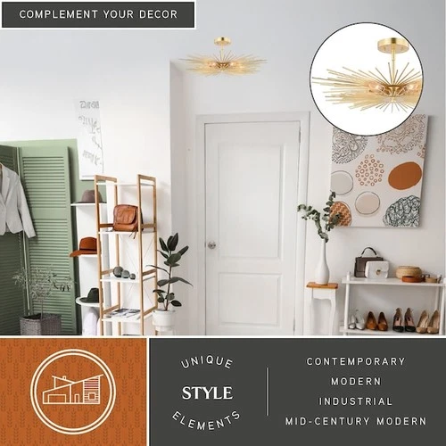 VAXCEL C0228 Nikko 24-in W Gold Mid-Century Modern Semi Flush Mount Ceiling - Picture 7 of 9