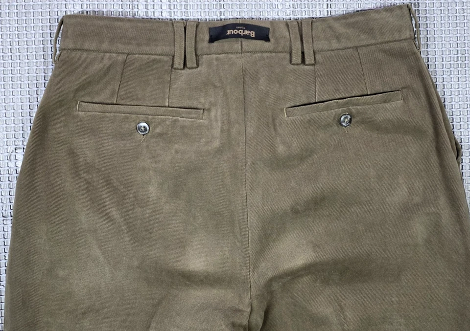 Barbour Moleskin Pants Mens 34 x 28 Olive Pleated Straight Cotton Blend Stretch - Image 4 of 4
