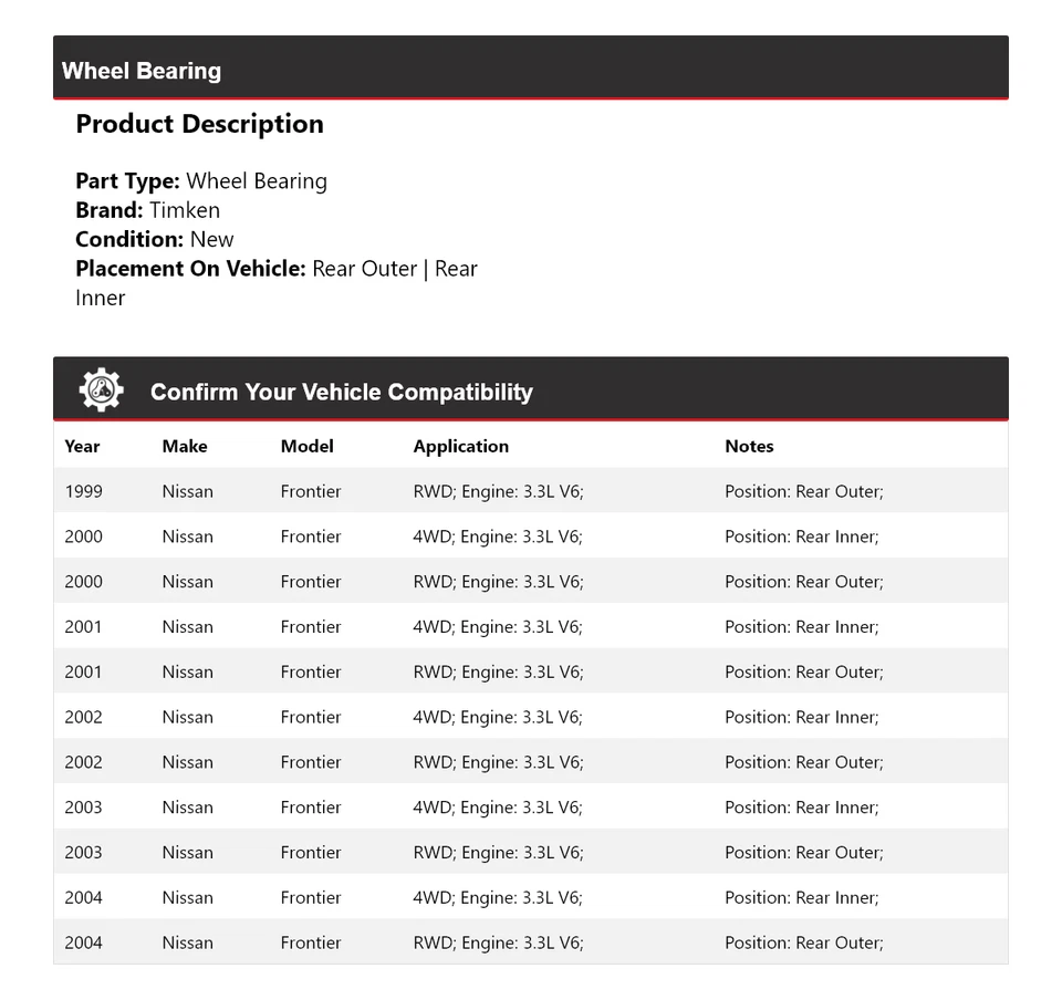 Cojinete de rueda para Nissan Frontier 1999-2004 3,3 L V6 Timken 2000 2001 2002 2003 Foto 2 de 4