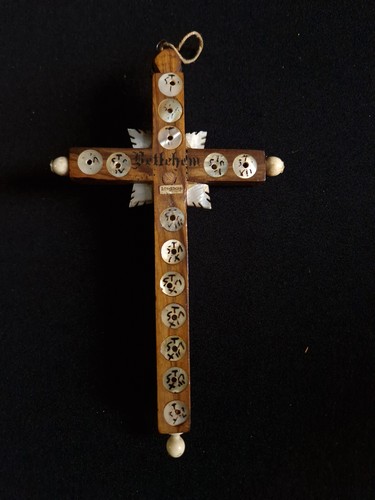 Pilgrimage Reliquary Cross Passion Relics 19th Cent. Olive Wood & Mother Pearl - Picture 8 of 12
