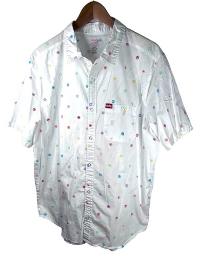 DISNEY MARVEL Men’s Large Pride Camp Button Down Shirt Rainbow Short Sleeve Logo - Picture 20 of 24