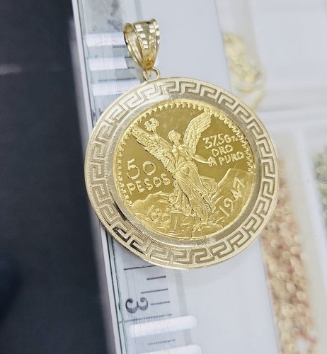 Real 10K Solid Yellow Gold Mens Mexico 50 Pesos Coin & Pendant Frame Value $4995 - Picture 4 of 11