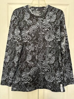 ED HARDY Base Layer Shirt Fleece Lining All Over Tattoo Print Mens Medium EUC