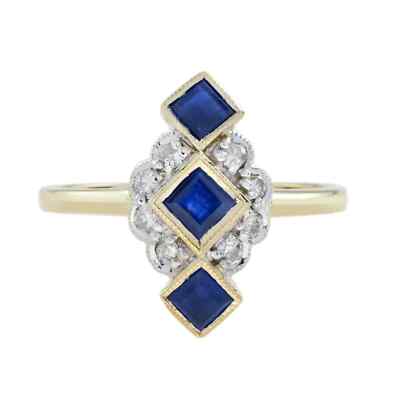Art Deco Style Lab-Created Diamond Sapphire Three Stone Ring14K White Gold FN