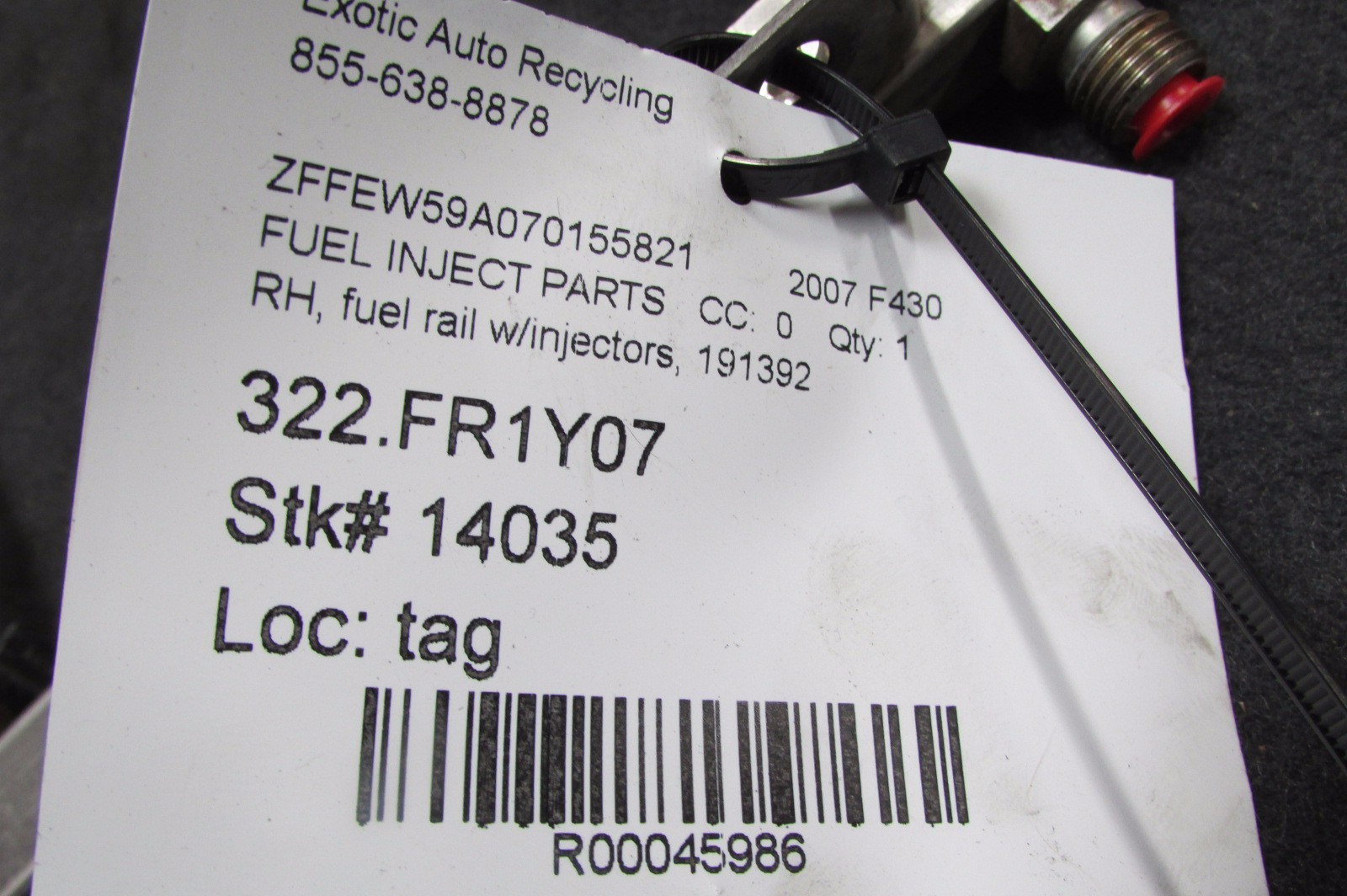 Ferrari F430, RH Fuel Rail With Injectors, Used, P/N 191392
