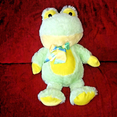 Megatoy Just For You FROG Fuzzy Bright Green 15in Plush Rainbow Stripe Satin Bow