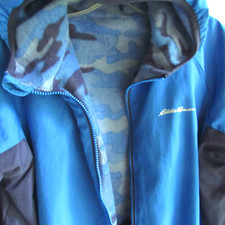 Boys Eddie Bauer Reversible Jacket KIDS L 14 16 Blue Camo Hooded Fleece Zip
