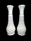 Vintage pair White Milk Glass 9" Bud Vases Quilted Diamond Pattern