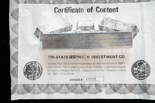 Vintage Kit-Kat Style Tri-State Refining 10 oz .999 Silver Bar with Certificate - Picture 2 of 2