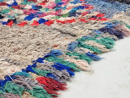 Moroccan Handmade Vintage Rug 2'6x8'4 Berber Geometric Blue & Red Cotton Rug - Picture 7 of 11