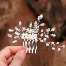 Bride Wedding Hair Comb Rhinestone Pearl Hairpiece Silver Crystal Bridal Hair...