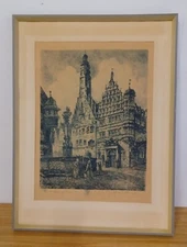Orig. 1911 signed Prof. Otto F. Probst Rathaus Rothenburg Etching Framed 25"x18"