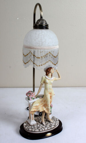 Crosa Table Lamp - Woman on Garden Bench w Birds & Flowers Ceramic Sculpture