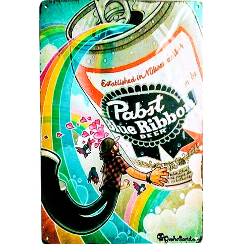 Vintage Pabst Blue Ribbon Beer Metal Sign Reprint, 12" x 8" Rainbow Daydream