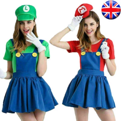 JUNHAO-SHOP Women Adult Super Mario and Luigi Fancy Dress Plumber Bros Halloween Costume UK