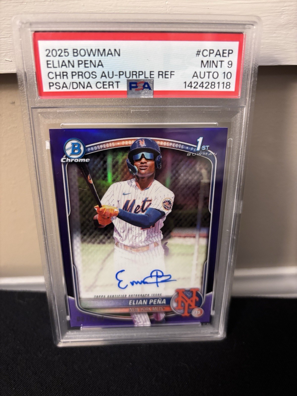2025 1st Bowman Chrome Elian Pena Auto Purple Refractor /250 PSA 9 DNA Cert 10