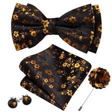 Bow Tie Set Black Gold Brown Floral Silk Pre-Tied Lapel Pin Pocket Square