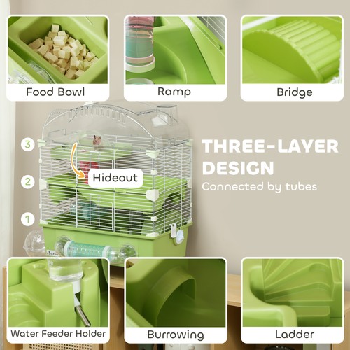 PawHut 3-Tier Hamster Cage, Hamster Habitat with Accessories, Green - Picture 6 of 11