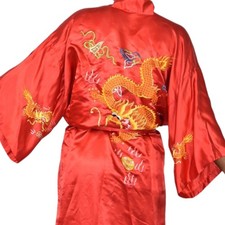 Embroidered Silk Robe Kimono Large Red Susi Dragon Wrap Chinese Asian Satin Long