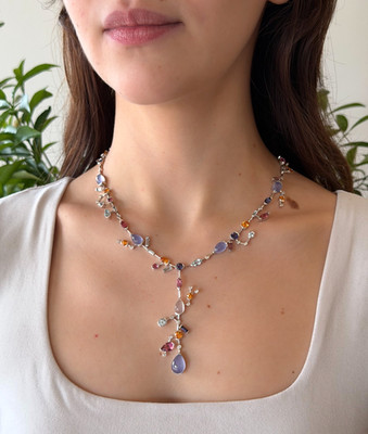 18k Meli Melo Multi-Gem Station Necklace Moonstone Diamond White Gold NG1881