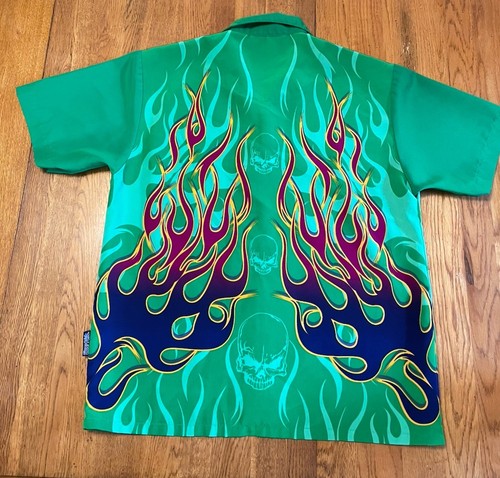 Silver Point Shirt Youth M Medium Green Flames Button Down Y2K Vintage Skulls - Picture 5 of 9