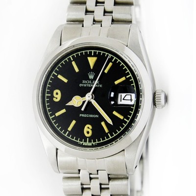 Vintage Rolex Oysterdate Precision Black Dial 34mm Men Steel Watch Ref 6694