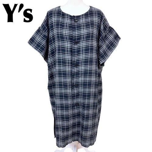 Y's Yohji Yamamoto Cotton Check Shirt Dress Navy White Size 1 Japan