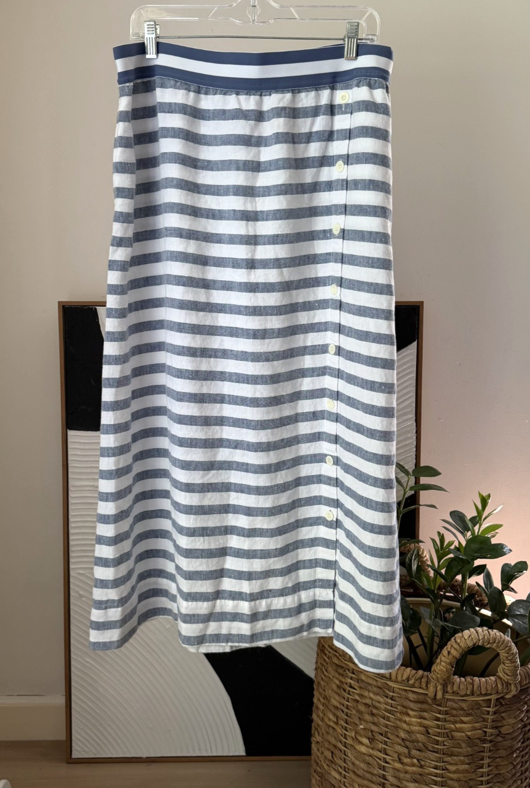 Women's J. JILL Love Linen Blue & White Striped Midi Skirt Elastic Waist Large L