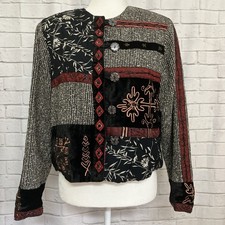 Coldwater Creek Boho Patchwork Beaded jacket Size Small Floral black, cream, red