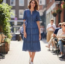 Gap Loveshackfancy Large Denim Tiered Midi Dress Chambray Cottage Modest