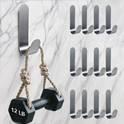 Heavy Duty Adhesive Hooks for Wall, Silver Stainless Steel, 12 Pack, Large j ...