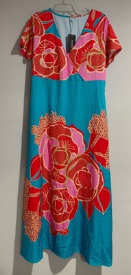 XL Floral Maxi Dress Bright Tropical Print Turquoise Pink Short Sleeve NWT