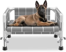 Elevated Dog Bed with Three-Sided Fence and Removable Cushion - S, gray 