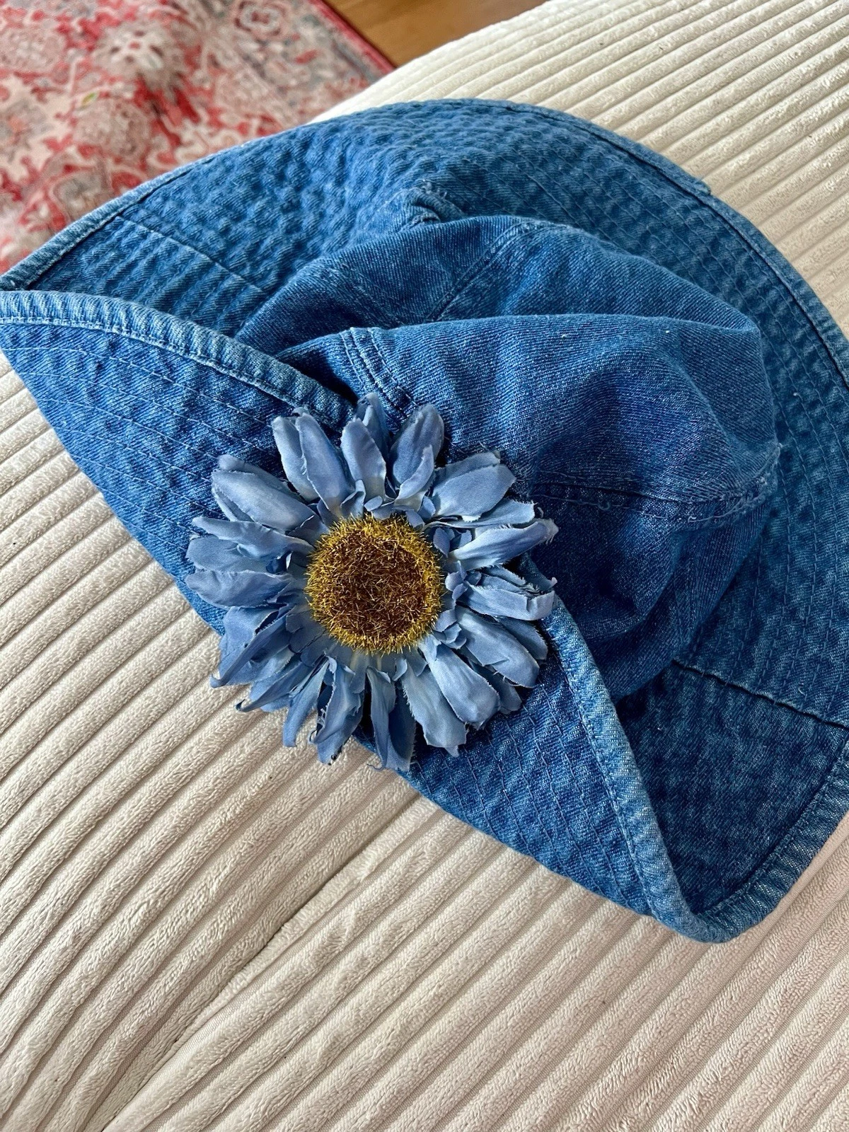 Vintage Denim Floppy Sunhat with Big Sunflower Size M and MADE IN HONG KONG