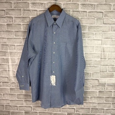 Brooks Brothers Linen Blend Dull Blue Micro Gingham Button Up Dress Shirt Men 17