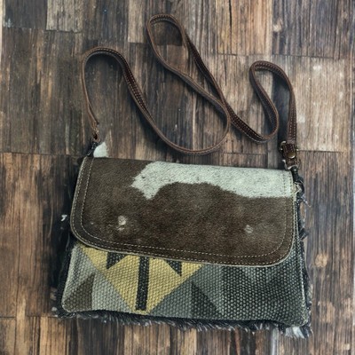 Myra Bag Hair On Hide Leather & Canvas Western Aztec Crossbody Purse 10''x7''