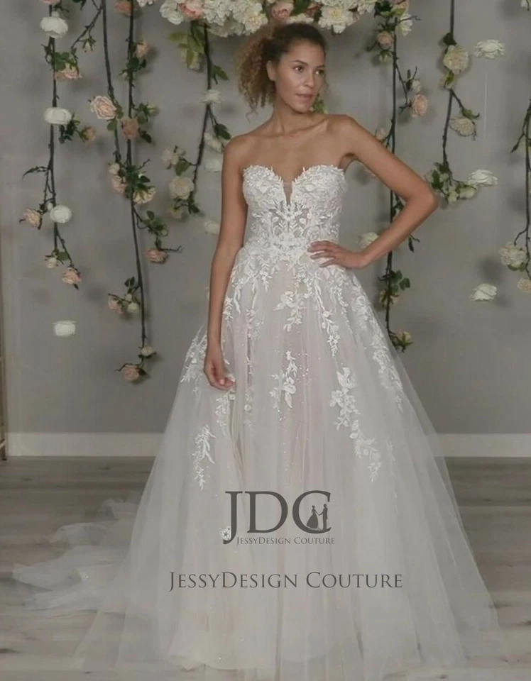 Vestido de novia blanco completo de encaje hecho a medida 2-28W tul brillante Foto 3 de 4