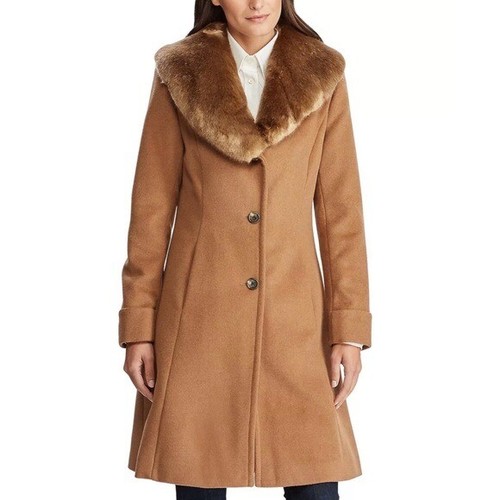 Faux-Fur-Collar Wool Walker Coat Size 