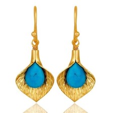 18k Yellow Gold Plated 925 Sterling Silver Turquoise Gemstone Jewelry Earrings