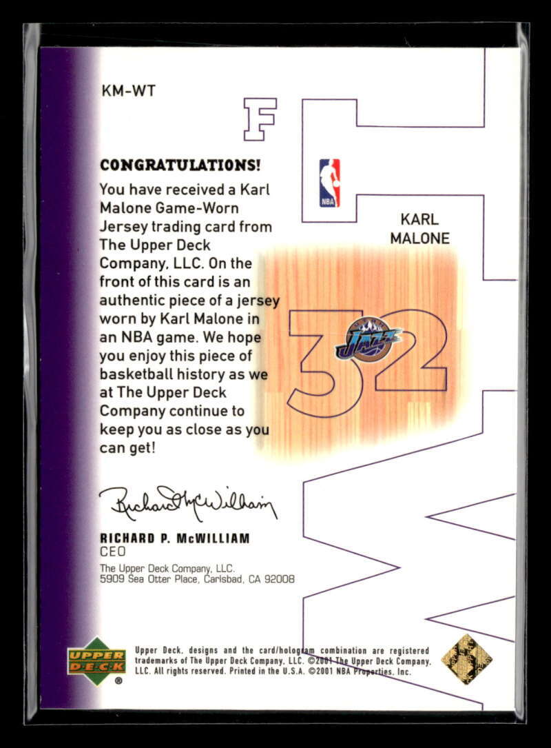 2001-02 Upper Deck Karl Malone Winning Touch Game Jersey Game Used FX925 view 2
