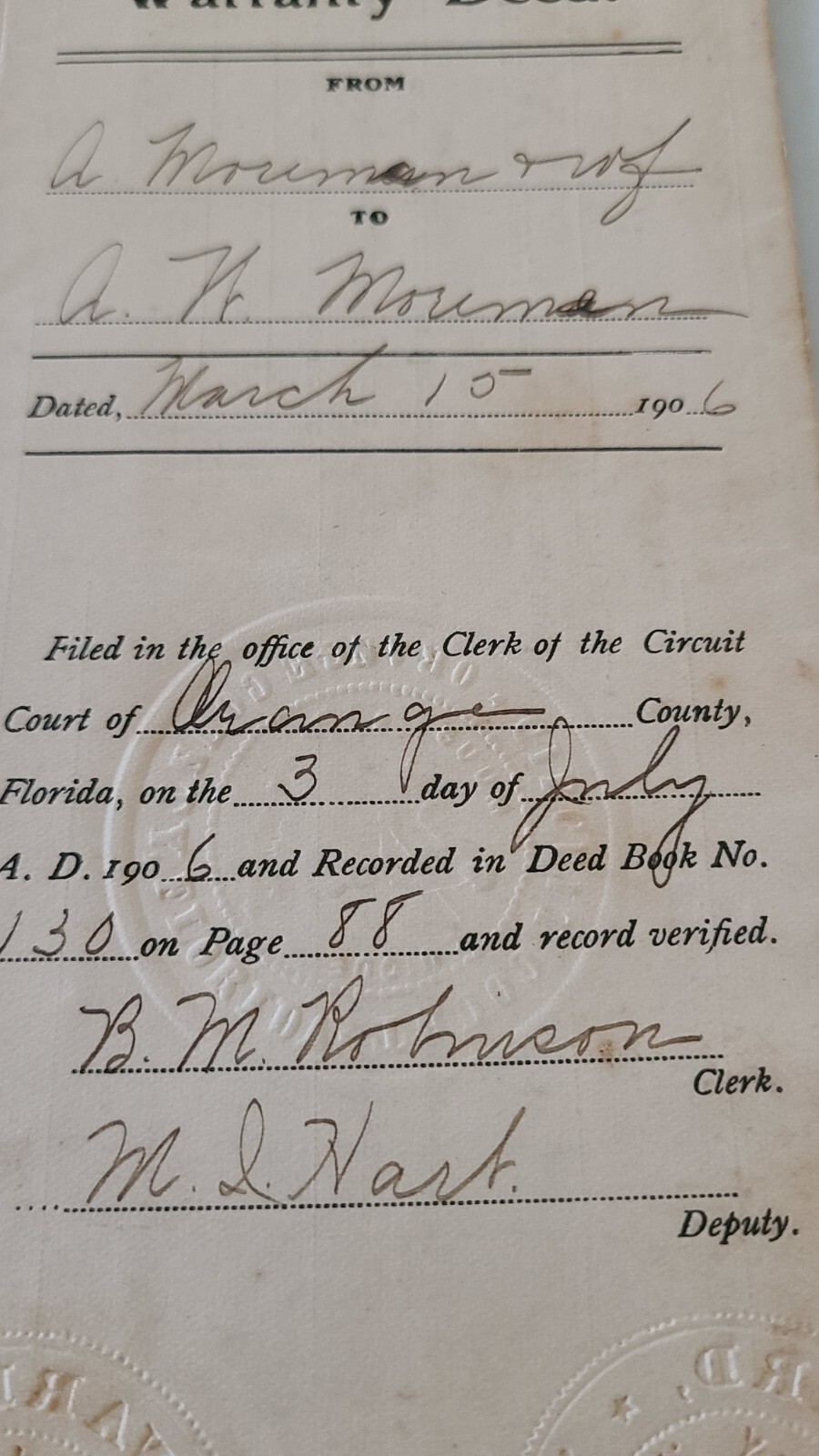 Real Estate Deed Warranty Deed Orange Florida 1906 Antique eBay