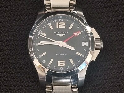LONGINES CONQUEST GMT AUTOMATIK UHR L3.687.4 EDELSTAHL SCHWARZ-WEISS 24H