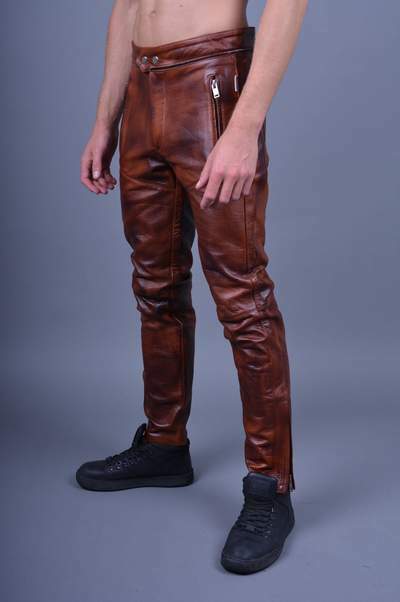 Men's Real Cowhide Waxed Brown Leather Pants Jean Trouser Cuir Biker