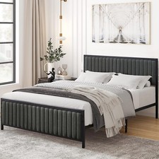 Upholstered Bed Frame Twin Full Queen Size Metal Slats Platform with Headboard