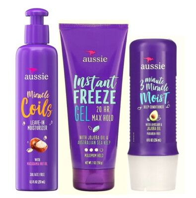 3 Aussie Miracle Coils Instant Freeze Gel 3 Minute Miracle Moist Conditioner NEW