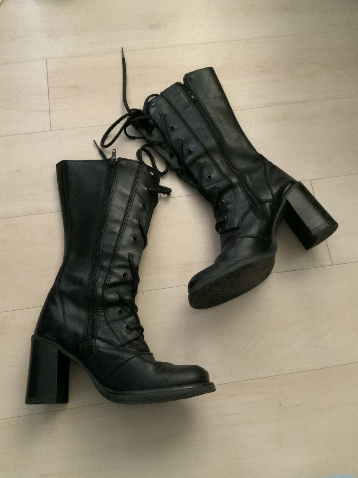 Vintage Destroy Black Leather Platform Midi Y2K 90's Boots 9.5
