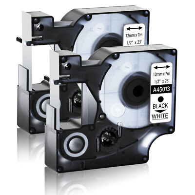 2PK Black on White Laminated Label Tape for Dymo D1 45013 1/2'' LabelManager 150